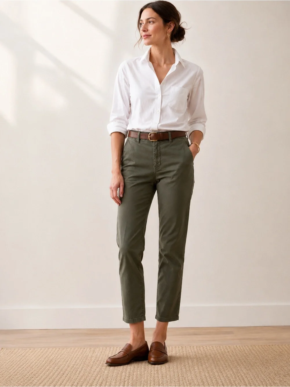 Crew Vintage Straight Chino Pants 26 Olive Green Cropped Ankle Stretch
